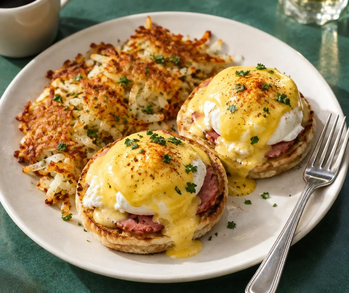 Eggs Benedict with golden hollandaise and hash browns
